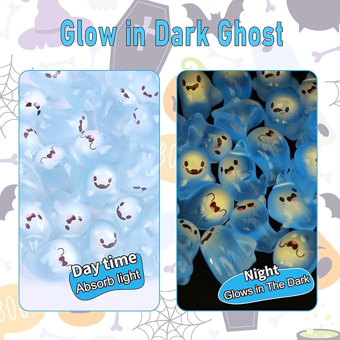 KIMOBER 24PCS Mini Luminous Ghost Miniature Figurines,Assorted Spooky Glow in Dark Resin Ghost Tiny Elf Figures for Fairy Garden Micro Landscape Decor Cake Topper Halloween(Assorted Ghost)