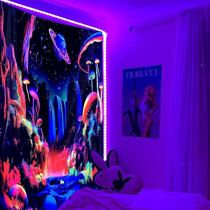 ADDWel Blacklight Mushroom Planet Tapestry, Black Fantastic Tapestry Glow In The Dark, UV Reactive Black Light Posters Wall Hanging for Bedroom Dorm Living Room Backdrop Decor