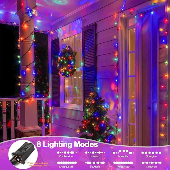 Upgraded 75.8 FT 200 LED Multicolored Christmas Lights Outdoor and Indoor, Extendable Green Wire, Memory Function & Timer & 8 Modes, Waterproof Super Bright Lights for Xmas Tree Holiday Party Garden
