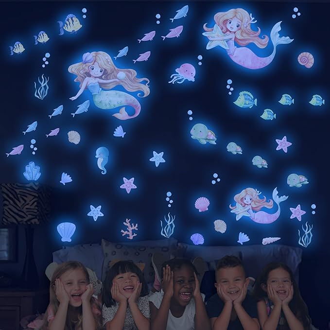 Glow in The Dark Stars Mermaid Wall Decals, Turtle Ocean Fish Stickers for Ceiling, DIY Wall Decor for Nursery Playroom Living Room, Birthday Christmas Gift