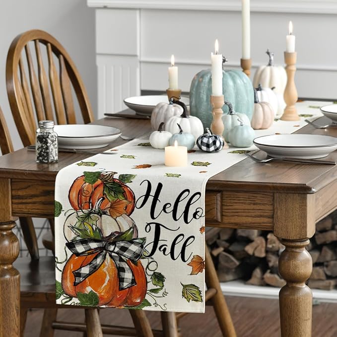 Artoid Mode Pumpkins Bowknot Maple Leaf 210 GSM Fall Table Runner, Seasonal Autumn Kitchen Dining Table Decoration for Home Party Decor 13x120 Inch