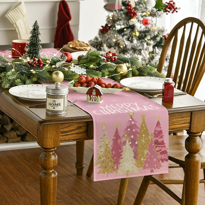 Artoid Mode Xmas Trees Snowflakes Pink Merry Christmas Table Runner, Winter Seasonal Kitchen Dining Table Decoration for Home Party Decor 13x120 Inch