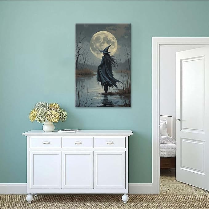 Witch in the moonlight magic canvas wall art enchanting Halloween home decor swamp witch silhouette oil painting mysterious gothic aesthetic wall decor print poster28x40in Wood Framed