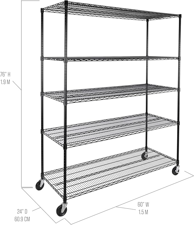 Seville Classics UltraDurable Heavy Duty NSF Solid Steel Wire Rack Storage Unit, Organizer for Garage, Warehouse, Office, Restaurant, Classroom, Kitchen, Black, 5-Tier Shelving, 60" W x 24" D
