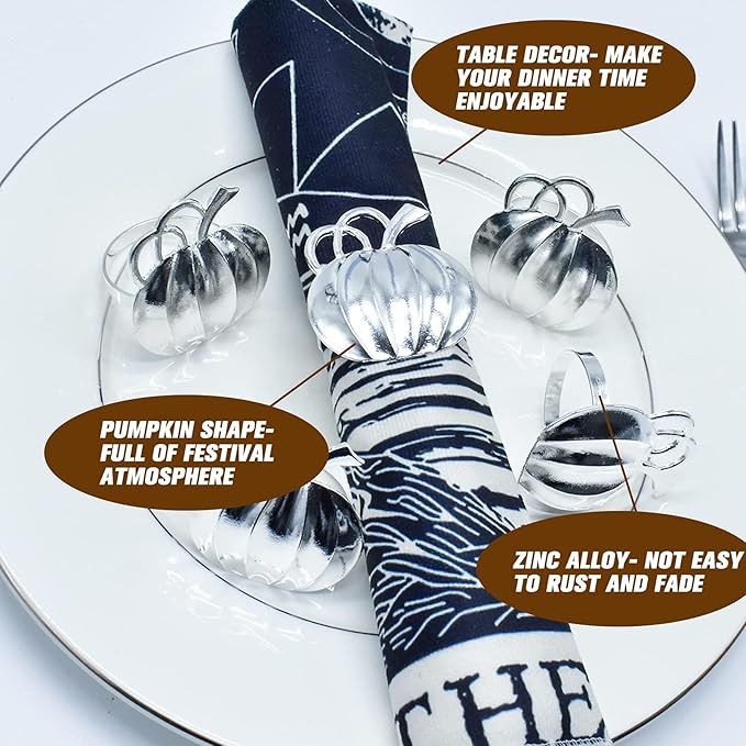 Halatool Set of 12 Thanksgiving Napkin Rings- Fall Harvest Rustic Pumpkin Napkin Holder, Alloy Dinner Tables Napkin Ring Decoration for Thanksgiving Halloween Holidays Gathering Party (Silver)