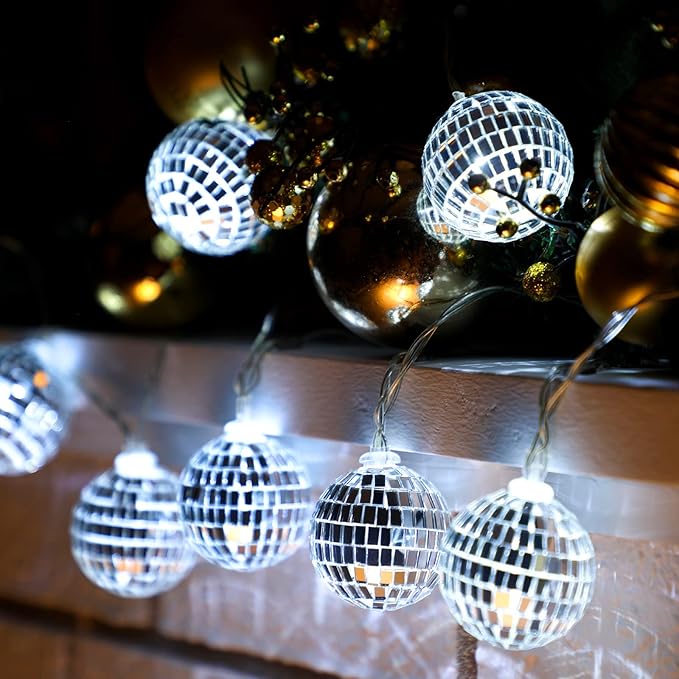 Zhanmai 30 LED Disco Ball String Lights Decor Lighted Mini Mirror Disco Balls Ornaments for 70s 80s Party Supplies Club(1.57 Inch Ball,Silver)