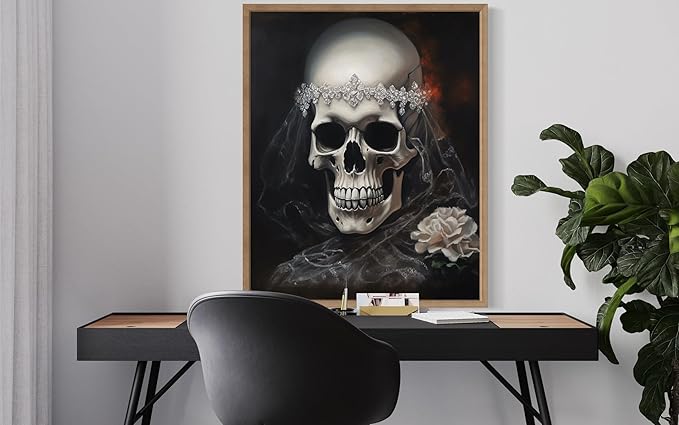 Skull Bride Poster Art Print, Halloween Scary Vintage Wall Art Academia Spooky Painting Decoration for Horror Prints, Gothic Posters Bedroom Decor 89 (Skull Bride, 8 x 10 inches, Wood Frame)