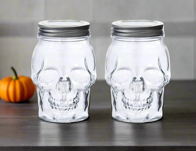 Set of 2 Skull Mason Jar Glasses with Lids | 16oz Reusable Halloween Drinking Glasses | Unique Skull Décor, Storage, & Canning Jars for Parties & Gifts