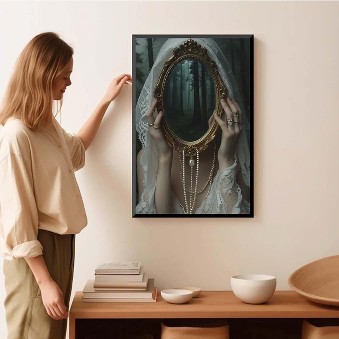 Mirror face covering dark art poster print melancholy gothic painting vintage feminine print victorian style decoration antique art24x36in Metal blackFramed