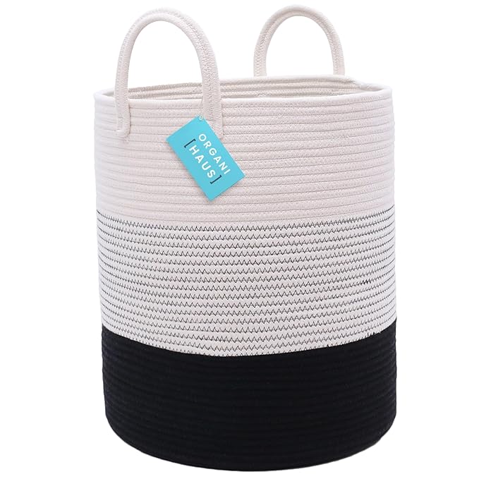 OrganiHaus Black & White Blanket Storage Basket for Living Room 15x18, Woven Nursery Hamper Basket, Large Toy Basket Storage for Kids, Laundry Hamper, Baby Laundry Basket, Cute Cotton Rope Basket