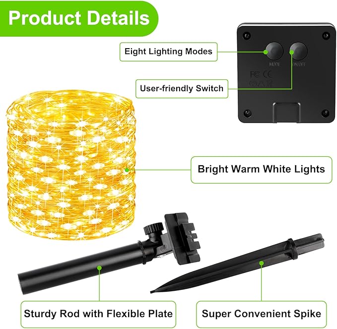 Brightever Solar Fairy Lights for Outside Waterproof, 4-Pack Total 160FT 400 LED Solar Powered Outdoor String Light with 8 Lighting Modes, Palm Tree Lights for DIY, Garden, Party (Warm White)