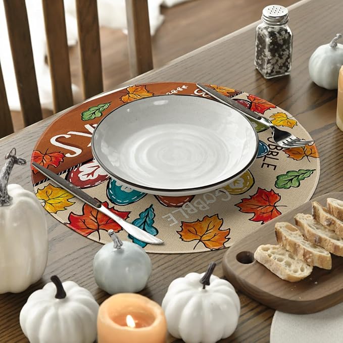 Artoid Mode Turkey Give Thanks Thanksgiving Placemats Set of 4, 15 Inch Seasonal Autumn Round Table Mats for Dining Decoration
