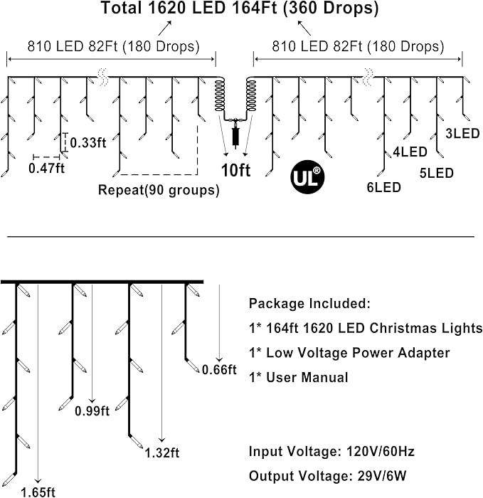 1620 LED Christma Lights with 360 Drops, 164ft Outdoor Hanging lights with 8 Modes & Timer Memory, Outsite Waterproof Curtain String Lights for Front House Fence Tree Holiday Decorations Blue