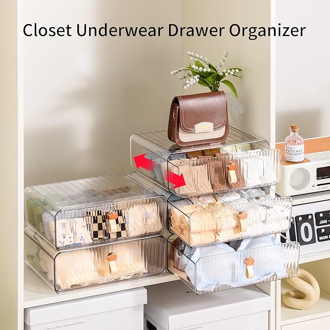 Underwear Organizer for Closet, Acrylic Socks Bra Underwear Drawer Organizer with Dividers, 24 Cell Stackable Closet Organizer and Storage Drawer for Clothing, Baby Clothes, Bra, Ties, Scarf