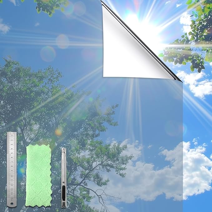 DUOFIRE One Way Window Film Privacy See Out Not in Heat Blocker Window Tint Reflective Mirror Windows Tinting Film for Home Static Cling Anti-UV Sun Blocking Windows Covering(Silver, 35.4x78.7in)