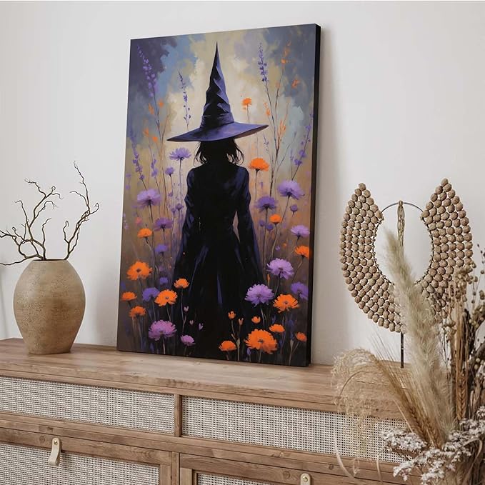 Country wildflower witch canvas print halloween mashup art witch purple decoration bohemian elegant art poster20x30in Wood Framed