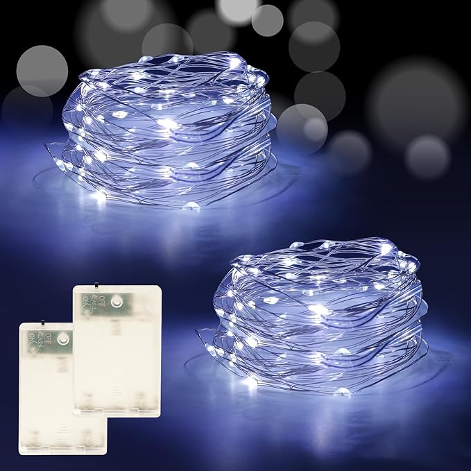 Fairy Lights Battery Operated String Lights 16.4ft 50LED Flashing and Constant Light Waterproof Silver Wire for Christmas DIY Party Bedroom Wedding (White, 2 Pack)