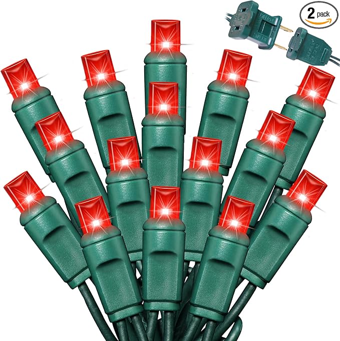 100Count (2pk of 50L) String Lights, LED Christmas Lights, 6" SPACING,Green Wire,RED