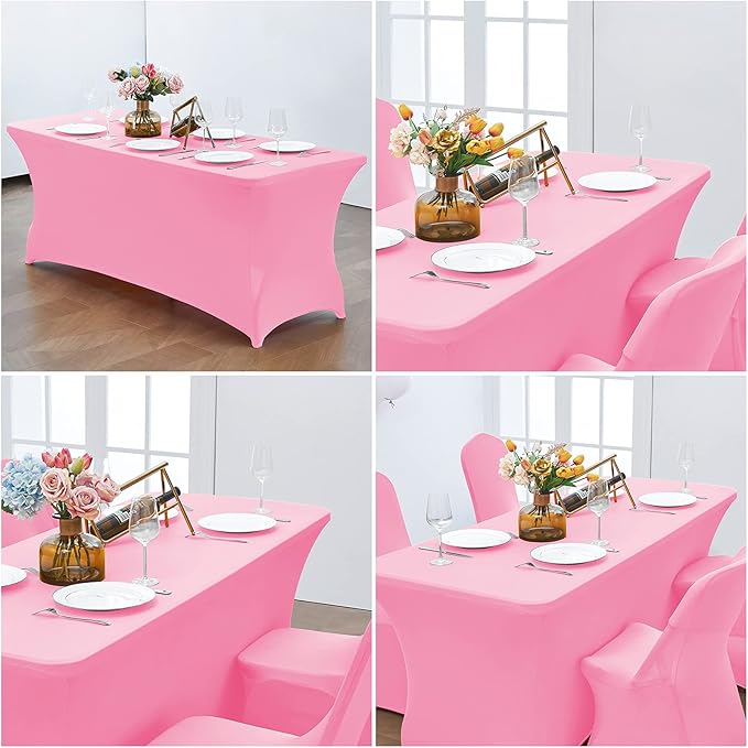CWK 6FT Waterproof Stretch Spandex Table Cover for Rectangular Tables - Elastic Fitted Tablecloth for Folding Tables,Wrinkle Resistant Table Cloth for Parties, Weddings, Banquets & Events (Pink)