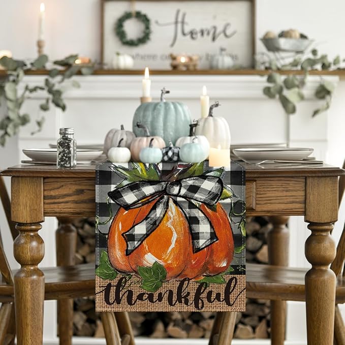 Artoid Mode Buffalo Plaid Bowknot Pumpkin Thankful Fall Table Runner, Autumn Thanksgiving Kitchen Dining Table Decoration for Home Party Decor 13x72 Inch