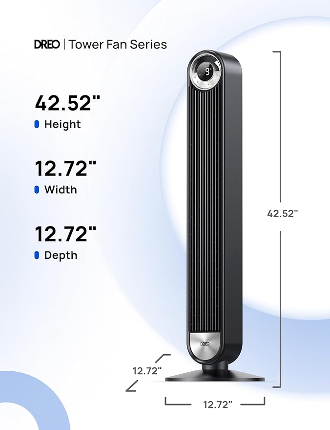 Dreo Tower Fan for Bedroom, 90ยฐ Oscillating Standing Floor Fan with 28ft/s Velocity, 25dB Quiet for Sleep, DC Motor, 9 Speeds, 4 Modes, 12H Timer, Voice & APP & Remote Control, 42" Cruiser Pro T2 S