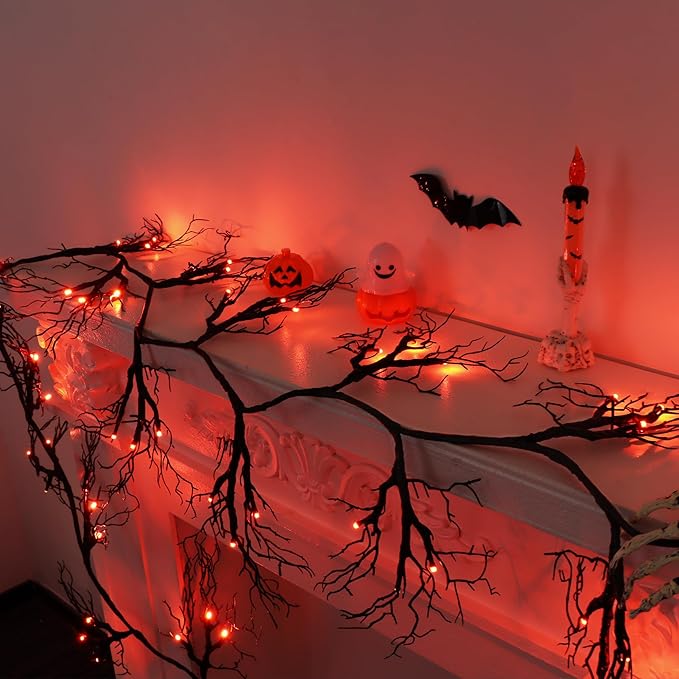 9 Ft 66 LED Willow Vine Twig Decor Black Halloween Garland with Orange Lights, Timer 8 Modes Waterproof Battery Operated Indoor Halloween Decorations for Wall Fireplace Mantle Home Office Party Decor