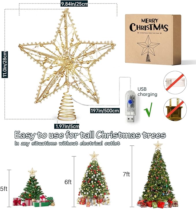 Christmas Tree Topper Star, Gold Star Tree Toppper with 50 Warm LED Lights Glittered Pearl Beads and 8 Lighting Modes Timer for Christmas Tree Decorations and Xmas Holiday Seasonal Decor
