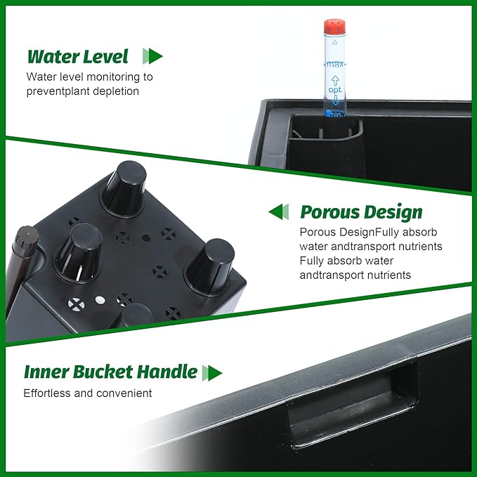 16" Tall Planters Set of 2, Outdoor&Indoor Black Planter Pots, High Front Porch Planter Pots with Drainage Holes&Water Level Monitor&Inner Bucket, Automatic Watering,Black