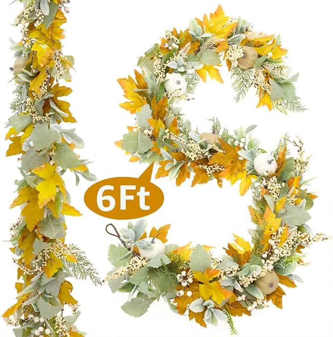 Fall Mantel Garland Decor for Home - 6 Ft Autumn Leaves Table Garlands with Lights Decorations for Thanksgiving and Halloween Leaf Centerpieces for Bedroom Tables Stair Porch Outdoor Farmhouse