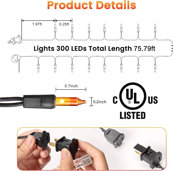 Toodour Orange & Purple Halloween Lights, 75ft 300 Count Incandescent Halloween String Lights, UL Certified Connectable Mini Bulbs String Lights for Outdoor, Indoor, Garden, Porch, Party, Home Decor