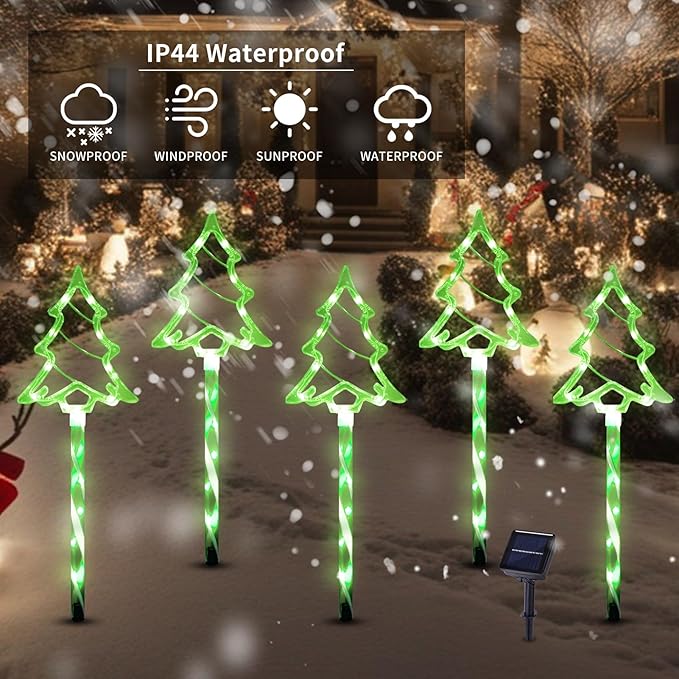 Christmas Solar Pathway Lights Outdoor Decorations, 8 Modes Xmas Tree Candy Lights Waterproof Led Garden Stake Light for Walkway Yard Lawn Porch Holiday Decor 5-Pack (Green Tube Tree, 5 Pack)
