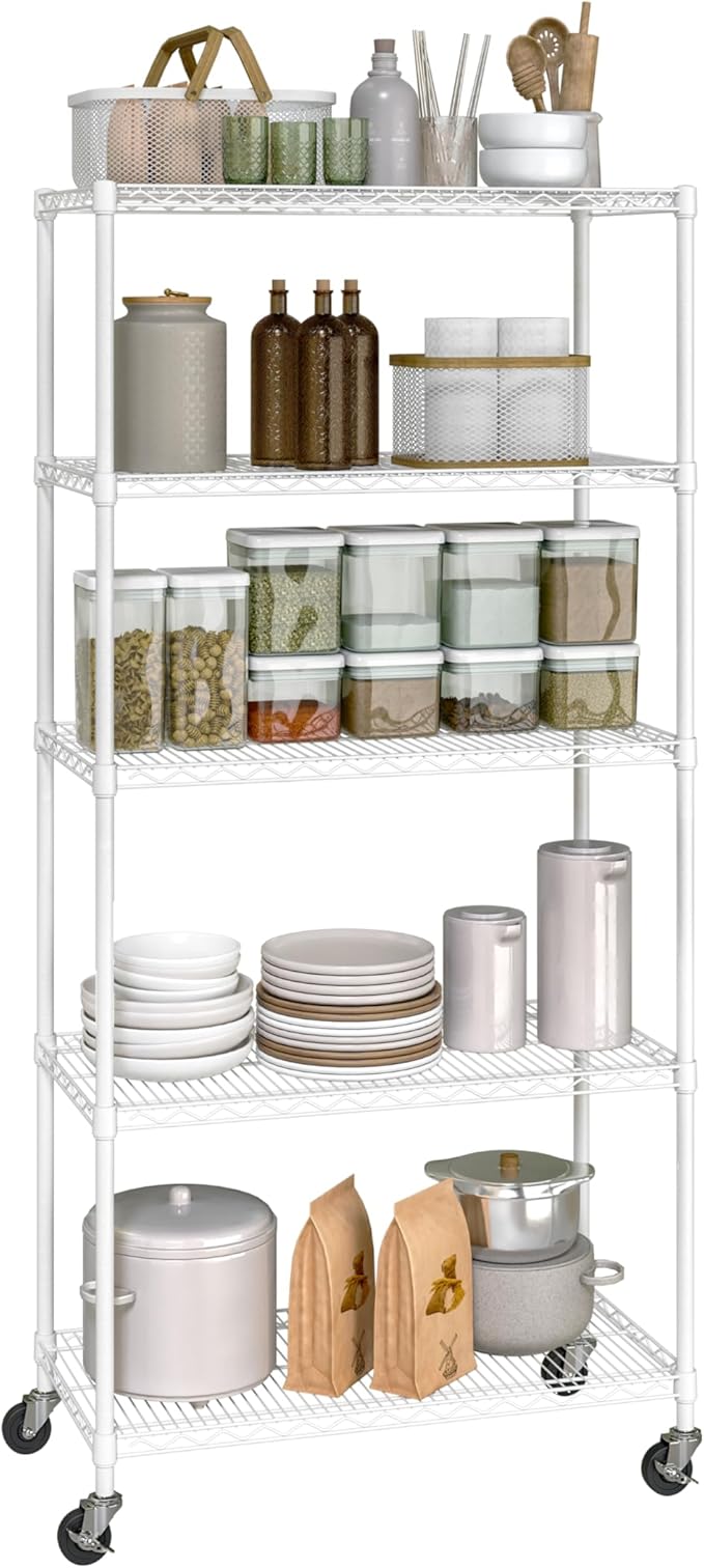 Seville Classics UltraDurable Heavy Duty NSF Solid Steel Wire Rack Storage Unit, Organizer for Garage, Warehouse, Office, Restaurant, Classroom, Kitchen, White, 5-Tier Shelving, 36" W x 14" D