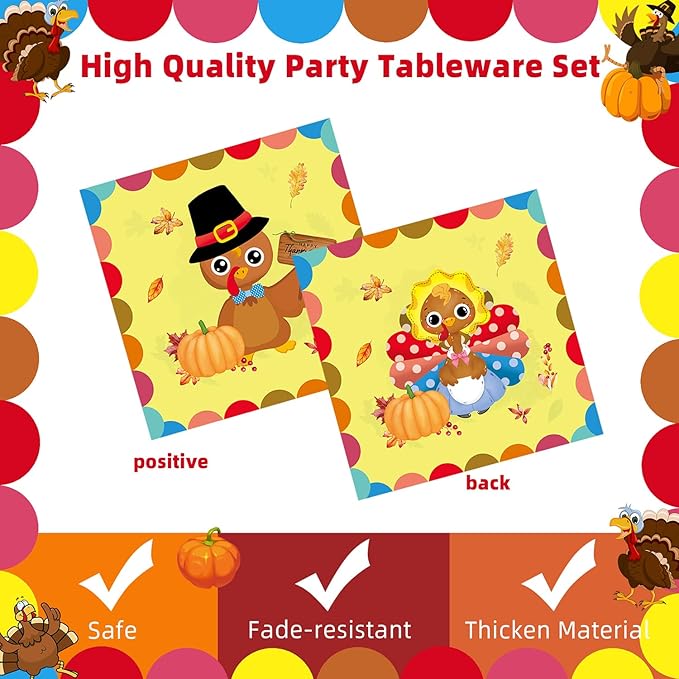 Turkey Thanksgiving Party Supplies - 96 Pcs Fall Decorations Set With Paper Plates, Napkins, Forks - Autumn Disposable Tableware for Harvest Party