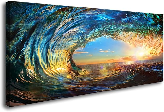 Cao Gen Decor Art S06775 Giant Wave Water Wall Art Canvas Prints 1 Panels Ocean Waves Pictures Paintings with Sunset Blue Seascape Framed for Living Room Bedroom Kicthen Office Artwork