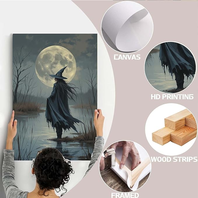 Witch in the moonlight magic canvas wall art enchanting Halloween home decor swamp witch silhouette oil painting mysterious gothic aesthetic wall decor print poster28x40in Wood Framed