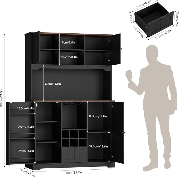FINETONES 71" Pantry Cabinet with LED Light and Charging Station, Kitchen Pantry Cabinet with Microwave Stand, Kitchen Hutch Food Storage Cabinet with Outlet and Wine Racks, Black