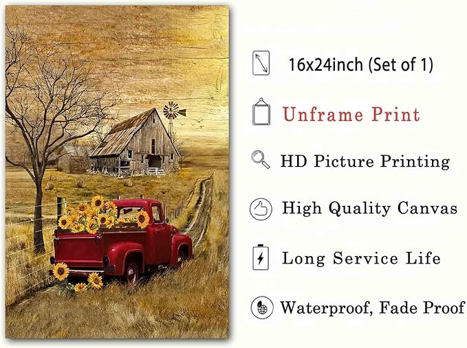 Barn Prints Farmhouse Old Barn Vintage Farmhouse Canvas Wall Art Red Truck Wall Art Old Truck Red Canvas House Pictures Wall Decor Old Barn Sunflower Pictures 16x24inch No Frame