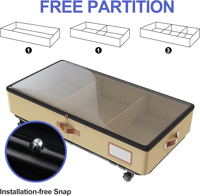 IUI Under Bed Storage with Wheels & Lid, 50L Large Capacity Underbed Storage Containers, Versatile Under The Bed Shoe Storage for Clothes, Books, Toys, 2 Pack, Ivory White