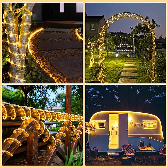 100FT 300 LED Rope Lights Outdoor, Connectable and Flexible Tube Lights with 8 Modes, Waterproof Rope Lighting Indoor for Deck, Garden, Fence, Backyard, Pool, Patio, Tree Decorations - Warm White