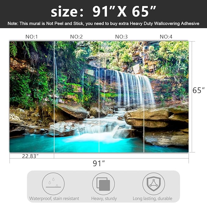 '-Green Lake Waterfall Scenery Fabric Wallpaper Living Room Woodland Forest Mountain Bedroom Bathroom Wall Mural- 91"x65"( not Peel and Stick)