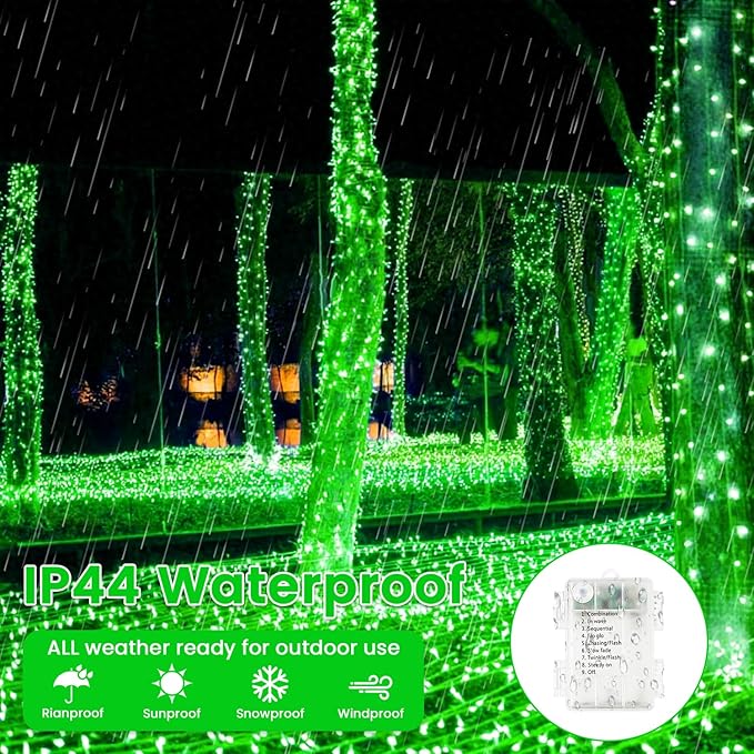 2 Pack Halloween String Lights Battery Operated with Timer, 66FT 200 LED Waterproof Battery Fairy Lights, 8 Modes Twinkle Light for Indoor & Outdoor Party Bedroom Garland Tree Christmas Decor (Green)