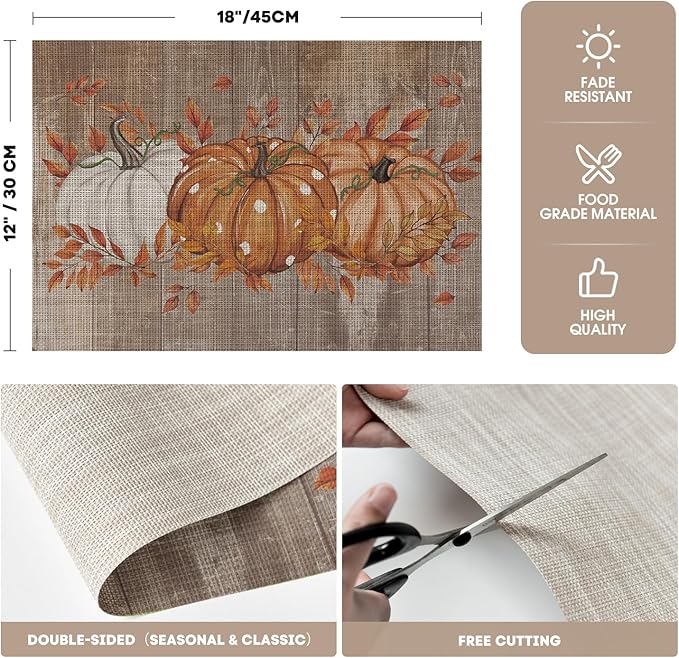 Artoid Mode Wood Pumpkin Leaves Fall Vinyl Placemats Set of 4, Wipeable Woven PVC Table Mats for Thanksgiving Farmhouse Party Kitchen Dining Decor