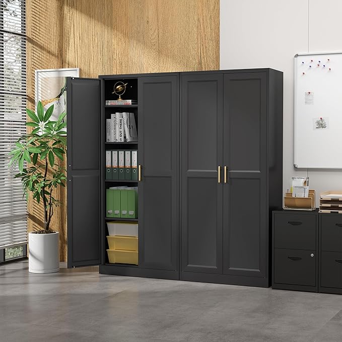 Kitchen Pantry Cabinet,71”Black Metal Pantry Storage Cabinet with Doors and 4 Adjustable Shelves,Kitchen Cabinet with 2 Gold Handles,Tall Cabinet for Livingroom,Pantry, Bathroom