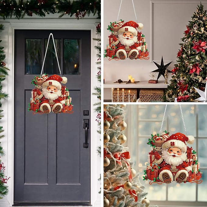 MEIYUDA Christmas Diamond Art Hanging Kits for Adult, Santa Claus Diamond Painting Hanging Kits Ornaments, DIY Special Shaped Rhinestone Window Pendants kit for Home Garden Wall Decor Gift