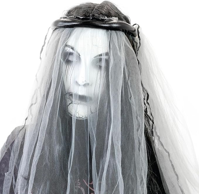 Haunted Hill Farm Rising Ghost Bride by Tekky, Battery-Operated, Sound Activated Animatronic with Sound Effects and Lights for Indoor or Covered Outdoor Creepy Halloween Decoration