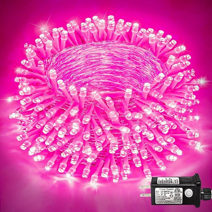 250 LED Pink String Lights Outdoor, 82ft Pink Christmas Lights 8 Modes Lights Clear Wire, Plug in Waterproof Fairy String Lights for Bedroom Christmas Decorations