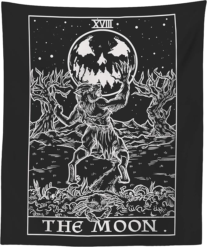 The Moon Tarot Card Tapestry (Black & White) - Werewolf - Gothic Halloween Home Decor Wall Hanging (80" x 68")