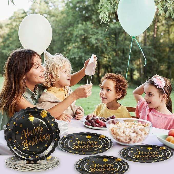 50PCS Birthday Paper Plates - 7 Inch Birthday Cake Plates Scalloped Black and Gold Dessert Plate Disposable Tableware Decorations for Birthday's Party Supplies