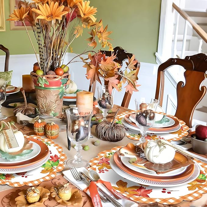 50Pcs Fall Pumpkin Round Paper Placemats,13.4 Inch Autumn Maple Leaf Round Table Mats Thanksgiving Scalloped Disposable Placemats for Harvest Birthday Thanksgiving Party Supplies