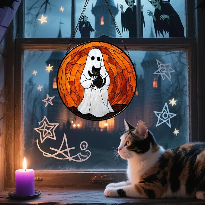 Stained Glass Window Hanging - Halloween Cute White Ghost Black Cat Suncatcher for Doors Garden Home Spooky Orange Sun Catchers Gothic Decor Horror Gift for Women Men Friend Boy Girl 15 in
